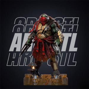 Puede incluir: Estatua detallada de Rafael de las Tortugas Ninja. La figura está en posición de combate, con una máscara roja y sosteniendo dos sais. La estatua tiene un diseño detallado y texturizado con un fondo oscuro y la palabra "ARTI" en blanco.
