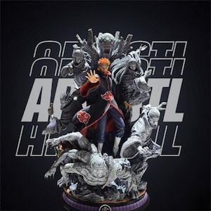 May include: A detailed statue featuring a central figure with orange hair and a black cloak with red cloud designs. The statue includes multiple figures in various poses, with a dark background and white text. The overall theme is a fantasy or anime-inspired collectible.