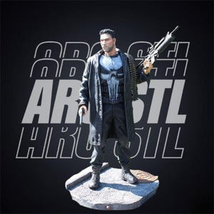 May include: A detailed figurine of a character in a black coat, holding a machine gun and a pistol. The character wears a chest plate with a skull design. The background is black with white text that reads "ARD STL".