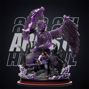 May include: A detailed purple and black anime figure featuring a large armored character with wings and a smaller character holding a sword. The figure is set on a base with a red trim, with the word "ARS" visible in white.
