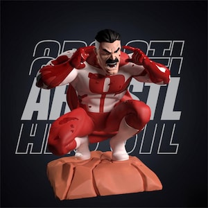 May include: A figurine of a muscular character in a red and white costume, squatting on a brown rock base. The character has a black mustache and is yelling. The background has white text that reads "ARSTL".