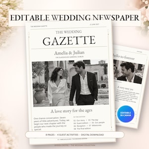 Op de afbeelding: Een bewerkbaar trouwkrant-sjabloon getiteld The Wedding Gazette, met een zwart-witfoto van een koppel, de namen Amelia en Julian, en tekstsecties waaronder Our story, The day, Guest edition en Our people.