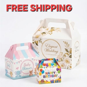 May include: Three decorative gift boxes with handles. One box is white with gold floral accents and the words "Elegant Wedding". Another box is pink and blue with "Baby Shower" text. The third box is colorful with "Happy Birthday" text.