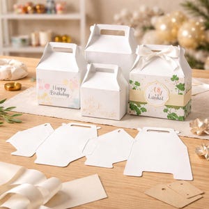 Könnte beinhalten: Mehrere weiße Geschenkboxen mit Griffen, einige verziert mit Blumen- und Blättermustern, und dem Text "Happy Birthday" und "A&L Laikit". Eine Box ist mit einem weißen Band gebunden. Boxvorlagen, Schleifen und Etiketten sind ebenfalls zu sehen.