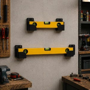 Puede incluir: Dos niveles de burbuja amarillos con tapas y soportes de montaje negros están fijados a una pared. Cada nivel cuenta con tres viales transparentes con líquido verde, colocados horizontal y verticalmente para indicar una alineación precisa.