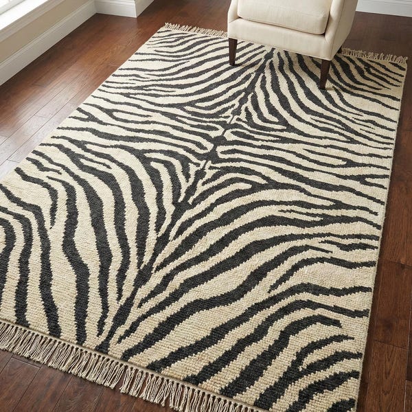 Hand Knotted Zebra Stripe Wool Area Rug, Modern Black Ivory Carpet