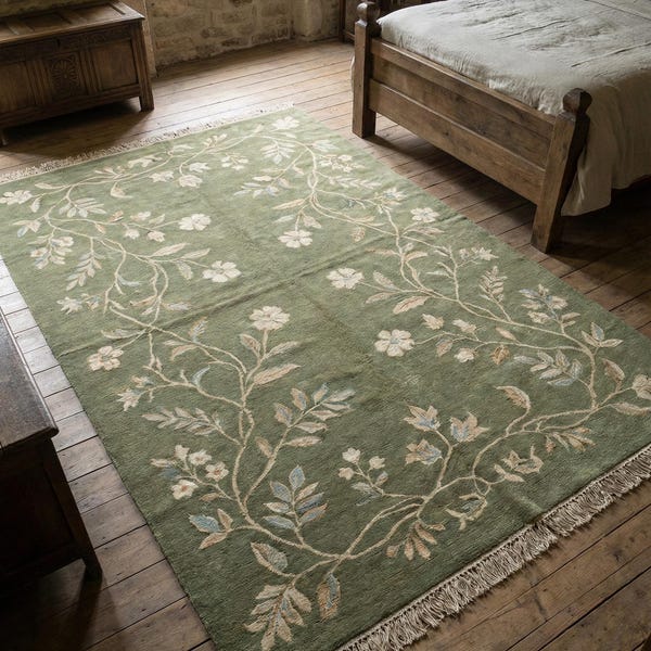 Hand Knotted Sage Green Wool Oushak Floral Area Rug for Bedroom