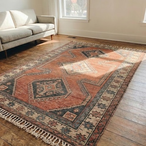 Hand Knotted Tribal Wool Area Rug, Terracotta Geometric Living Room Carpet