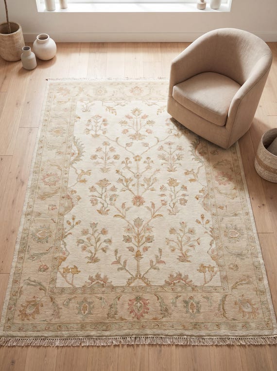 Oushak Hand Knotted Rug, Beige Floral Wool Area Rug, Neutral Vintage Style Carpet for Living Room Bedroom