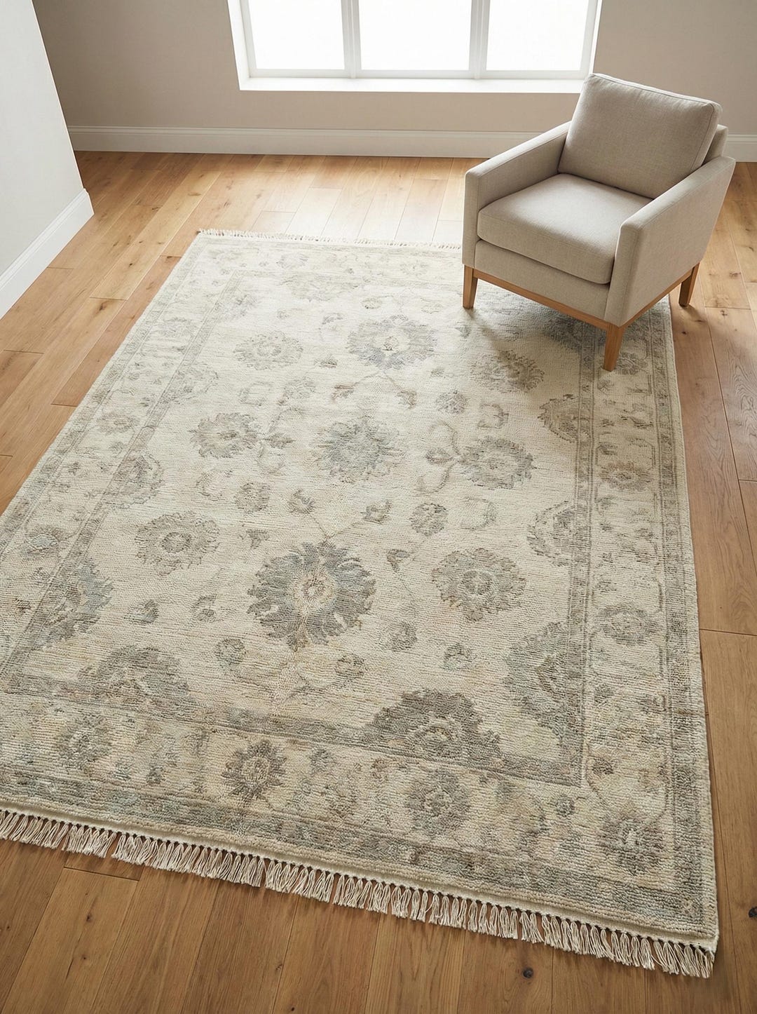 Neurtral Rug Hand Knotted Oushak Area Rug, Neutral Floral Wool Living Room Rug - Etsy UK