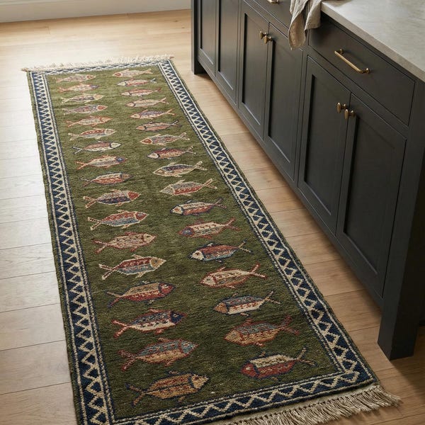 Fish Pattern Kitchen Runner Hand Knotted Wool Tribal Rug for Narrow Spaces