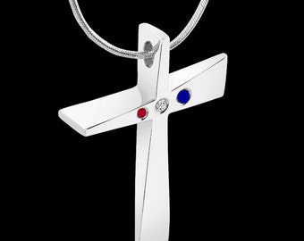 American Trinity Cross geometric cross pendant with ruby, diamond and sapphire