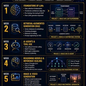 May include: A 6-week learning journey infographic for becoming an AI engineer. It outlines weekly modules covering LLMs, RAG, AI agents, reasoning models, image generation, and a capstone project, featuring technical diagrams and project goals.
