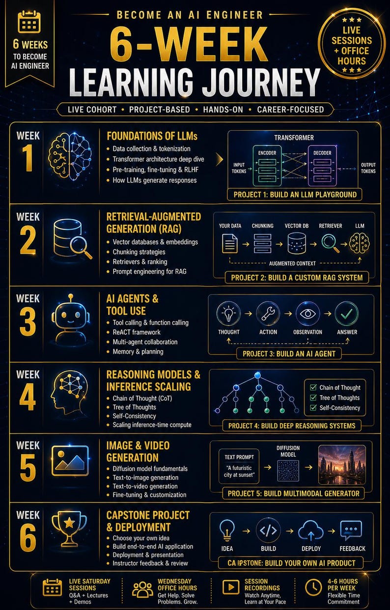 May include: A 6-week learning journey infographic for becoming an AI engineer. It outlines weekly modules covering LLMs, RAG, AI agents, reasoning models, image generation, and a capstone project, featuring technical diagrams and project goals.