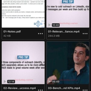 May include: Screenshot of a mobile device displaying a folder titled "05-Fine-Tuning Your Funnel." The folder contains four files: a PDF, and three video files. The videos have timestamps and the text "PRO TIP" is visible on two of the video thumbnails.