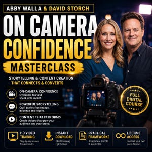 Puede incluir: Un anuncio de curso digital titulado On Camera Confidence Masterclass por Abby Walla y David Storch. Incluye una foto de los dos instructores, una cámara y texto que detalla los módulos del curso, la entrega digital y el acceso de por vida.