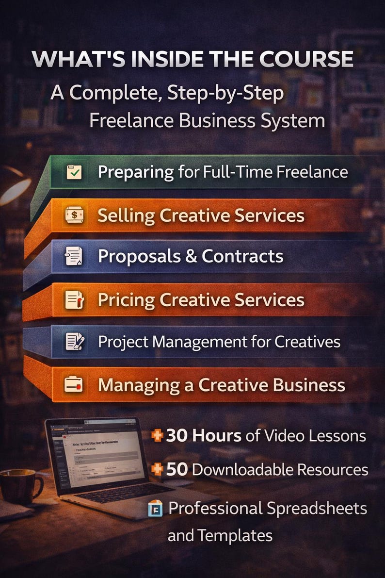 May include: An image promoting a freelance business course. The course includes modules on preparing for freelance work, selling creative services, proposals, pricing, project management, and business management. It also offers 30 hours of video lessons, 50 downloadable resources, and professional spreadsheets.