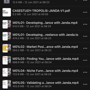 May include: Screenshot of a mobile device displaying a list of files related to "2 Selling Creative Services." The files include PDFs, zip files, and MP4 videos, with titles like "CASESTUDY-GENERIC-JANDA-V1.pdf" and "M01L01- Developing...lance with Janda.mp4."