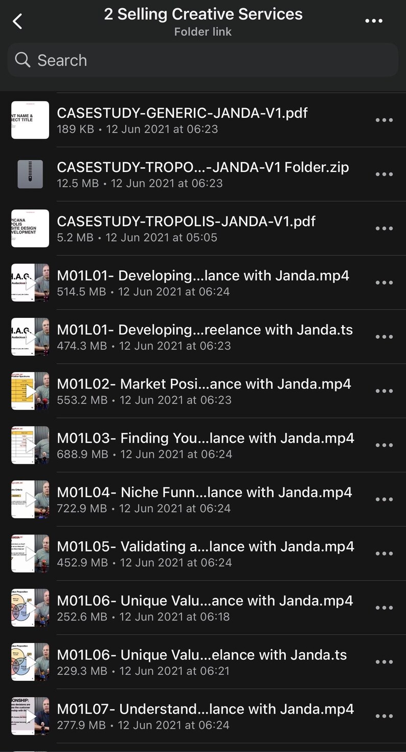 May include: Screenshot of a mobile device displaying a list of files related to "2 Selling Creative Services." The files include PDFs, zip files, and MP4 videos, with titles like "CASESTUDY-GENERIC-JANDA-V1.pdf" and "M01L01- Developing...lance with Janda.mp4."