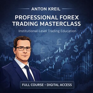 Puede incluir: Gráfico digital que presenta a Anton Kreil y promociona una masterclass profesional de trading de divisas. La imagen incluye un retrato de Kreil, gráficos financieros y el texto "Professional Forex Trading Masterclass". La pancarta inferior dice "Full Course • Digital Access."