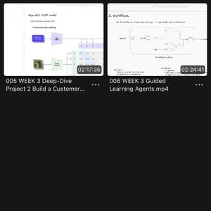 May include: A digital file directory interface titled Week 3 containing two video thumbnails. The left thumbnail shows a diagram of OpenAI's CLIP model labeled 005 WEEK 3 Deep-Dive Project 2 Build a Customer. The right thumbnail shows a workflow diagram labeled 006 WEEK 3 Guided Learning Agents.mp4.