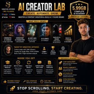May include: A black and gold digital advertisement for AI Creator Lab featuring Sebastien Jefferies. The graphic displays course modules, including cinematic AI videos, consistent characters, AI UGC ads, AI clones, and faceless AI brand strategies.