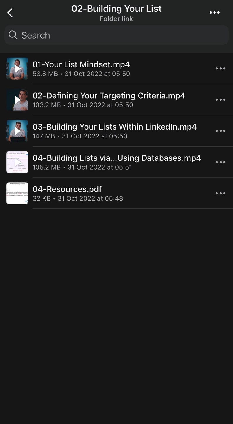 May include: Screenshot of a mobile device screen displaying a list of video and PDF resources. The list includes titles such as "Your List Mindset.mp4" and "Building Lists via... Using Databases.mp4". The interface is dark with white text.