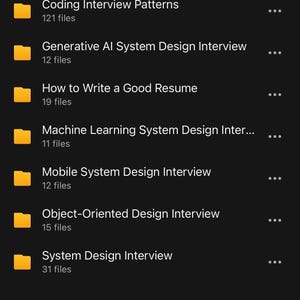 May include: A digital interface displaying a list of folders titled Bonus - Visual Bundle. The list includes Coding Interview Patterns, Generative AI System Design Interview, How to Write a Good Resume, Machine Learning System Design, and more.