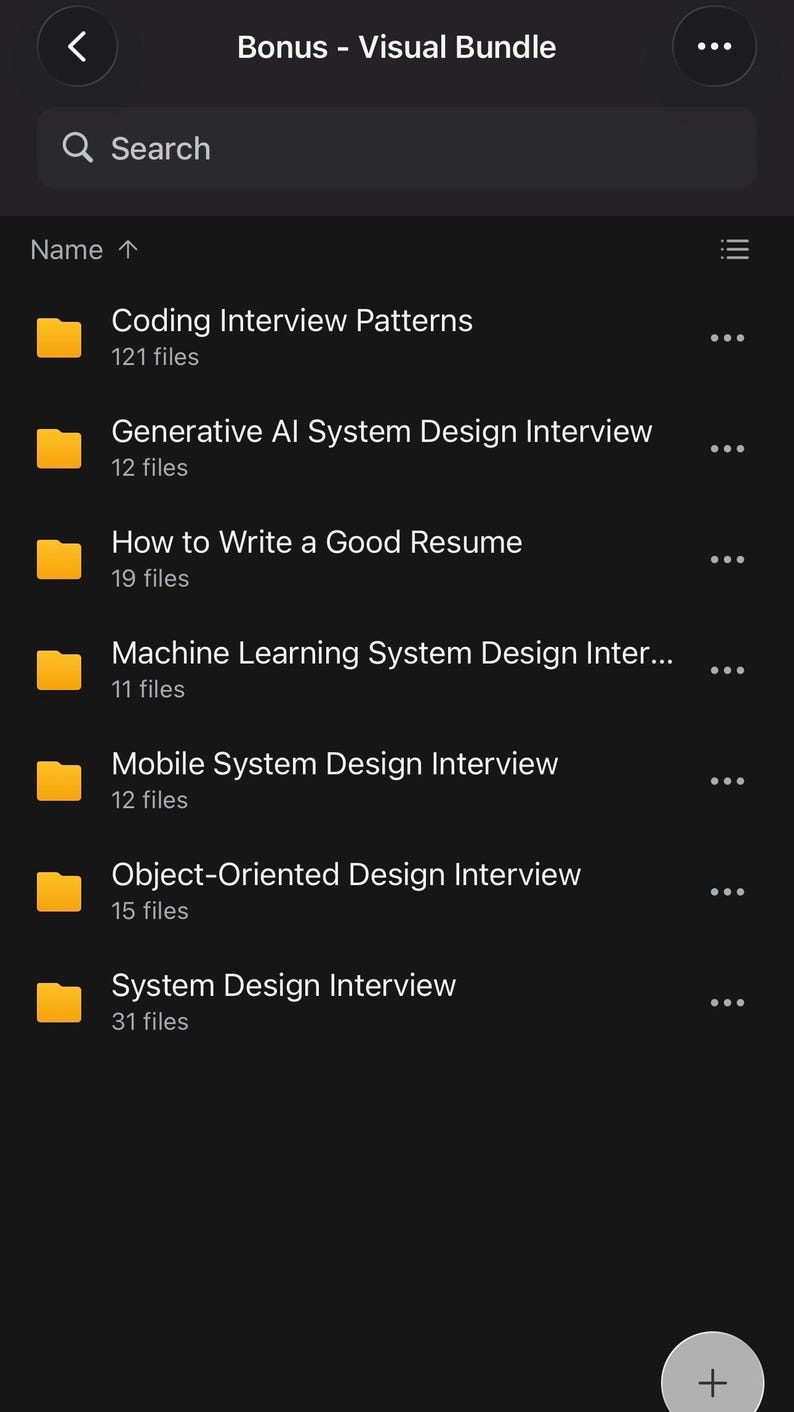 May include: A digital interface displaying a list of folders titled Bonus - Visual Bundle. The list includes Coding Interview Patterns, Generative AI System Design Interview, How to Write a Good Resume, Machine Learning System Design, and more.