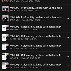 May include: Screenshot of a mobile device displaying a list of video files related to pricing and creative services. The files are labeled with titles like "Three Pricing..." and "Profitability..." and include file sizes and dates.