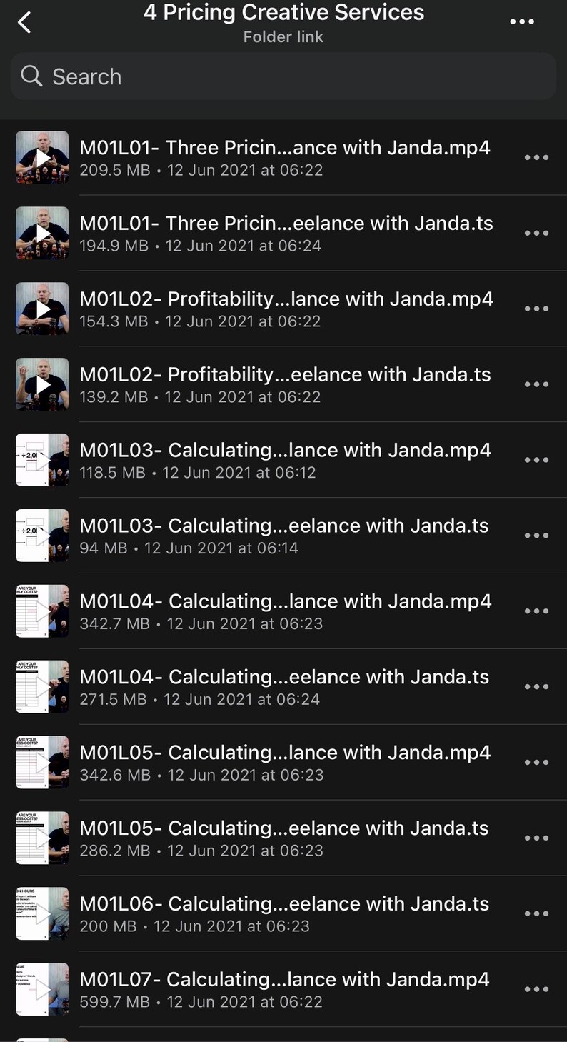 May include: Screenshot of a mobile device displaying a list of video files related to pricing and creative services. The files are labeled with titles like "Three Pricing..." and "Profitability..." and include file sizes and dates.