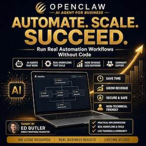 May include: Promotional image for OpenClaw, an AI agent for business. The image features a laptop displaying a workflow diagram, with text highlighting automation, scaling, and success. Additional text includes "Run Real Automation Workflows Without Code."