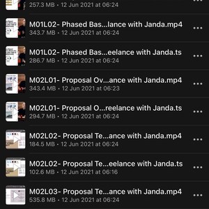 May include: A mobile device screen displays a list of video files and documents related to proposals and contracts. The files are labeled with titles like "Proposals" and "Freelance" and include dates and file sizes.