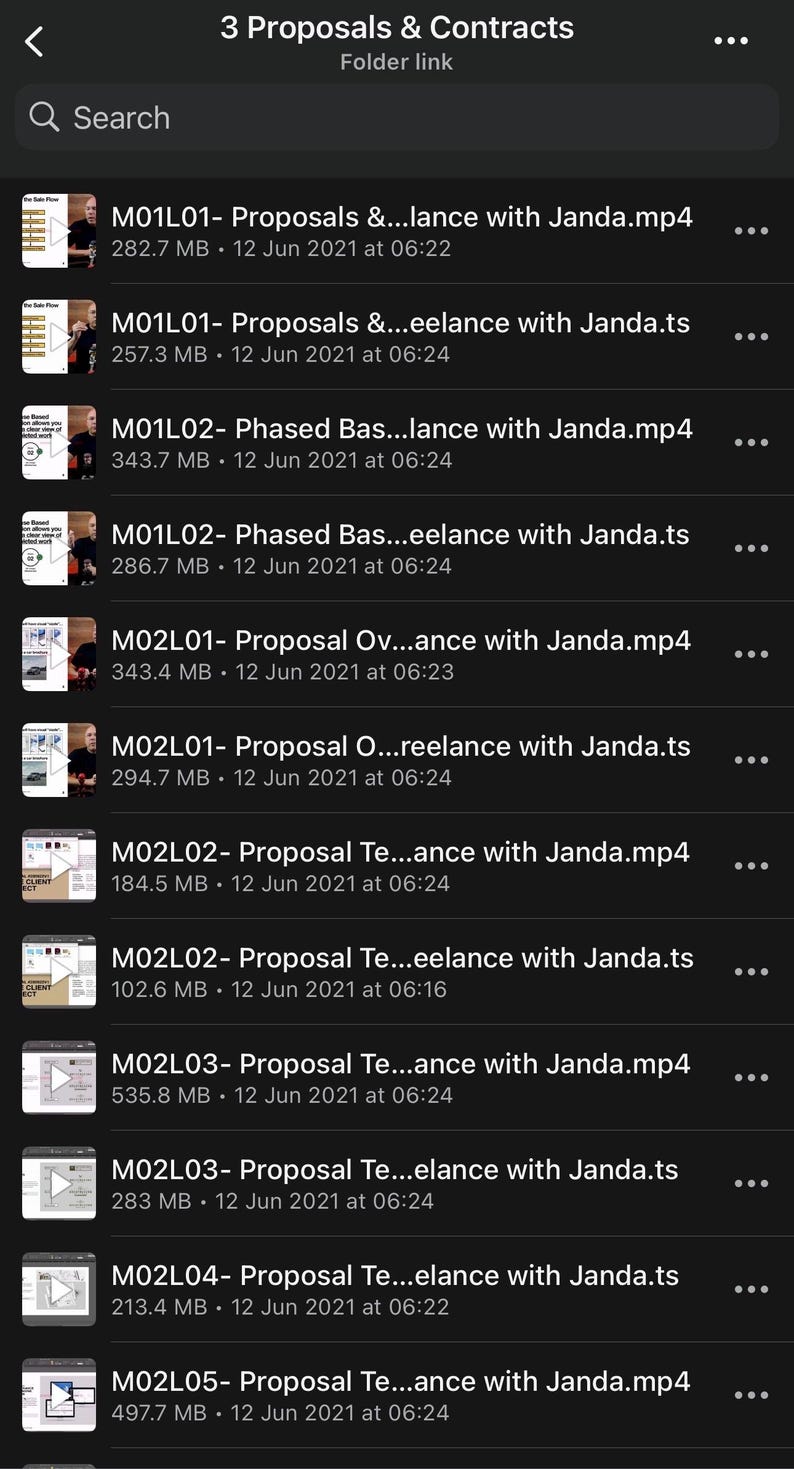 May include: A mobile device screen displays a list of video files and documents related to proposals and contracts. The files are labeled with titles like "Proposals" and "Freelance" and include dates and file sizes.