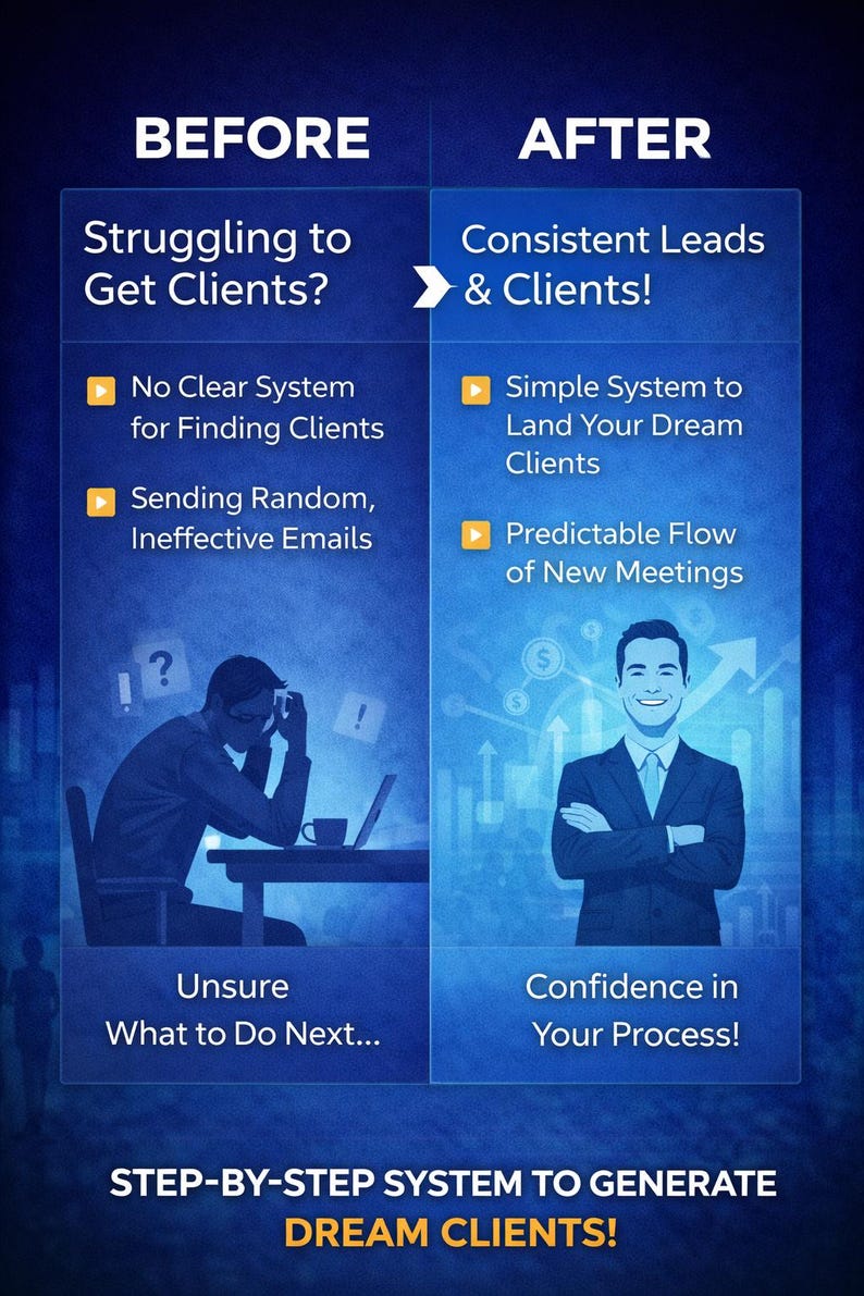 May include: A blue graphic comparing "Before" and "After" scenarios. The "Before" side shows a person at a desk, the text reads "Struggling to Get Clients?" and "Unsure What to Do Next...". The "After" side shows a confident person and the text reads "Consistent Leads & Clients!" and "Confidence in Your Process!"