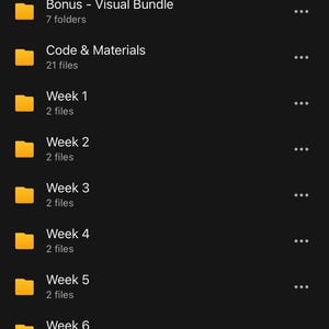May include: A digital file directory interface titled Learn by Doing. Become an AI En... featuring a search bar and a list of yellow folder icons labeled Bonus - Visual Bundle, Code & Materials, Week 1, Week 2, Week 3, Week 4, Week 5, and Week 6.