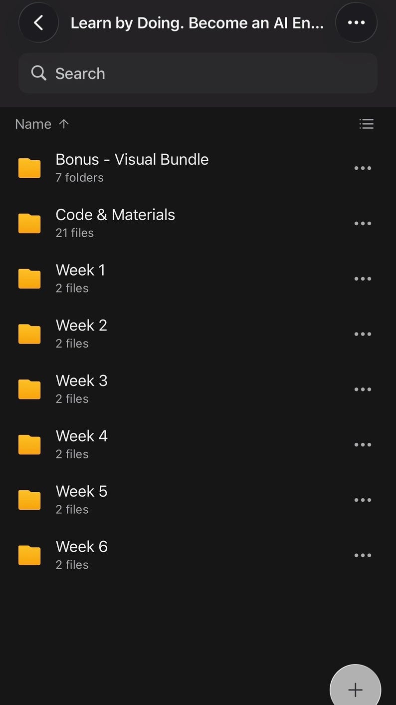 May include: A digital file directory interface titled Learn by Doing. Become an AI En... featuring a search bar and a list of yellow folder icons labeled Bonus - Visual Bundle, Code & Materials, Week 1, Week 2, Week 3, Week 4, Week 5, and Week 6.