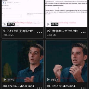 May include: Screenshot of a digital folder titled "07-Bonus Lessons" with video files. The videos include titles like "01-AJ's Full-Stack.mp4" and "02-Messag...-Write.mp4". The folder also contains case studies.