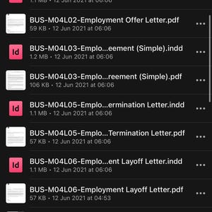 May include: A screenshot of a mobile device displaying a list of files related to managing a creative business. The files include documents like employment offers, termination letters, and layoff letters. The file sizes and dates are also visible.