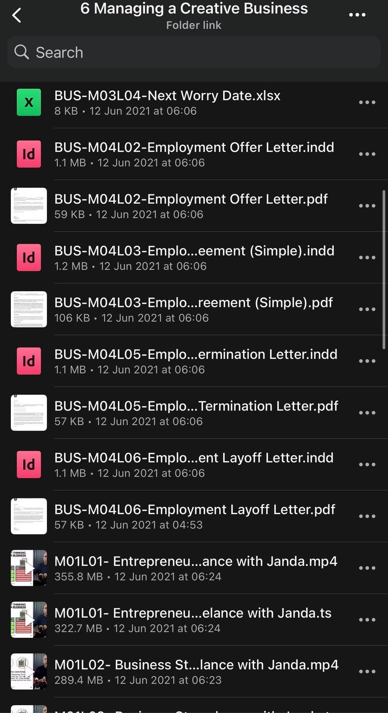 May include: A screenshot of a mobile device displaying a list of files related to managing a creative business. The files include documents like employment offers, termination letters, and layoff letters. The file sizes and dates are also visible.