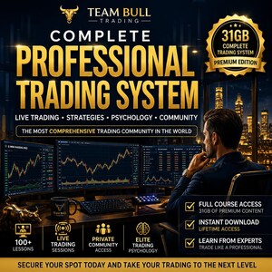 May include: A digital advertisement for the Team Bull Trading Complete Professional Trading System. The graphic features gold text on a dark background, displaying 31GB of content, live trading, strategies, psychology, and community access.