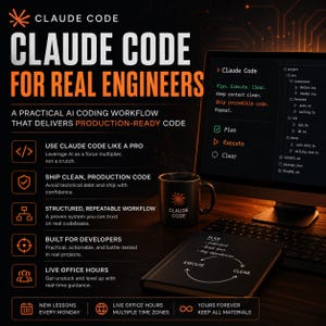 May include: Promotional image for Claude Code, a coding workflow for engineers. The image features a computer screen displaying code, a coffee mug with the Claude Code logo, and a notebook. Text includes "Claude Code for Real Engineers" and details about the workflow.