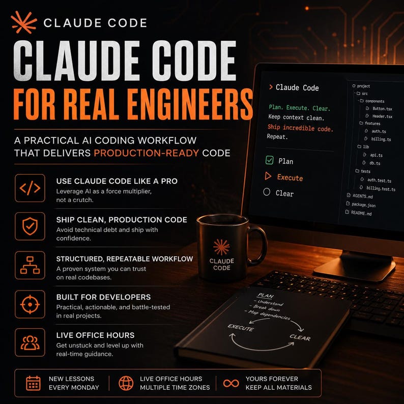 以下が含まれることがあります： Claude Codeのプロモーション画像。テキスト「Claude Code for Real Engineers」および「A Practical AI Coding Workflow That Delivers Production-Ready Code」が含まれています。コードが表示されたコンピューターモニター、黒いマグカップ、ノートが写っています。