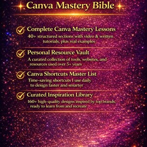 May include: A digital graphic with the title "What's Inside the Canva Mastery Bible" against a starry background. It details features including Canva lessons, a resource vault, shortcuts, and an inspiration library.