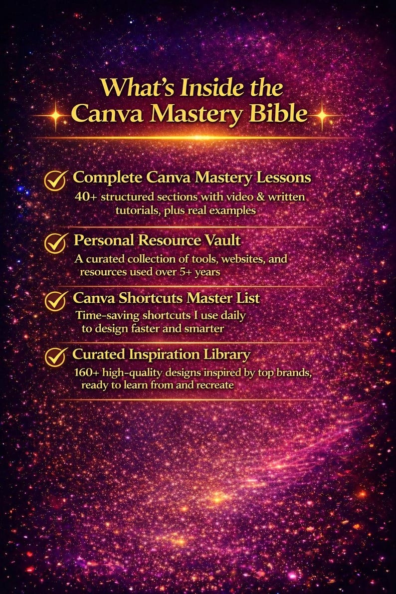 May include: A digital graphic with the title "What's Inside the Canva Mastery Bible" against a starry background. It details features including Canva lessons, a resource vault, shortcuts, and an inspiration library.