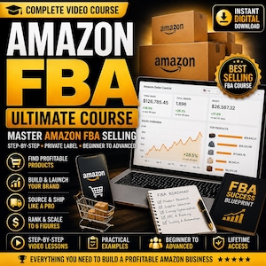 May include: A digital course advertisement for Amazon FBA featuring a laptop displaying a seller dashboard, a smartphone, a miniature shopping cart, a notebook labelled FBA Roadmap, and cardboard boxes with the Amazon logo, all set against a dark background.