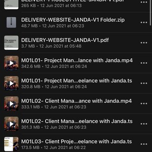 May include: Screenshot of a mobile device screen displaying a list of files related to project management for creatives. The files include PDFs, zip files, and MP4 videos, with titles like "Delivery" and "Project Man..."