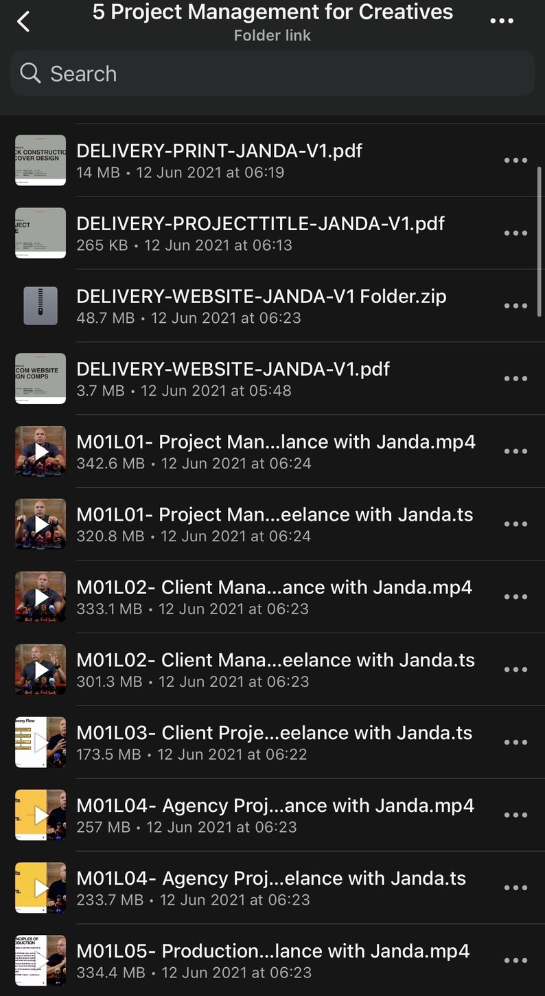 May include: Screenshot of a mobile device screen displaying a list of files related to project management for creatives. The files include PDFs, zip files, and MP4 videos, with titles like "Delivery" and "Project Man..."