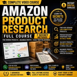 Puede incluir: Un anuncio de curso digital titulado Amazon Product Research Full Course. Incluye una computadora portátil con datos, cajas de cartón apiladas, una lupa sobre un cuaderno y texto que detalla 7 métodos secretos para el éxito empresarial en FBA.