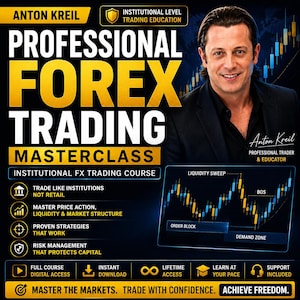 May include: A promotional graphic for the Professional Forex Trading Masterclass by Anton Kreil. The image features a portrait of Anton Kreil, bold yellow and white text, a candlestick chart showing market structure, and icons for course features.